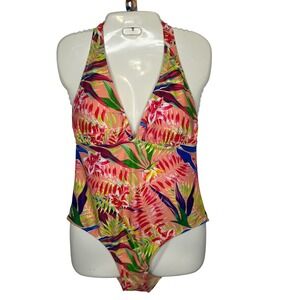 Breeza One Piece Swimsuit Tropical Print Halter‎ Neck Size 14, NWOT